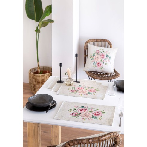 Set individual de mesa de tejido Jacquard  con flor rosa fondo beig. 30X45 PADUA