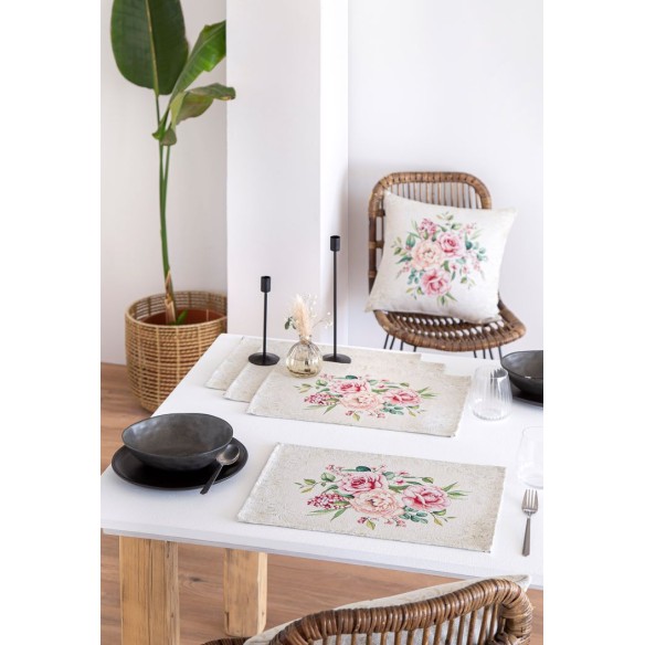 Set individual de mesa de tejido Jacquard  con flor rosa fondo beig. 30X45 PADUA