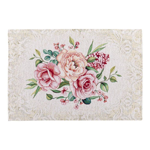Jacquard placemat set with pink flower beige background. 30x45 PADUA