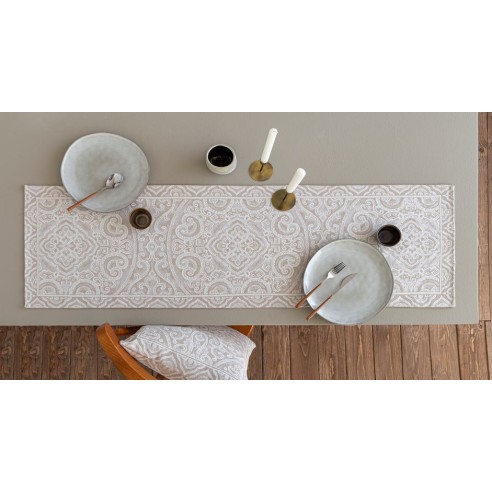 Jacquard table runner with geometric motifs beige. 40x135 MYKONOS C.4