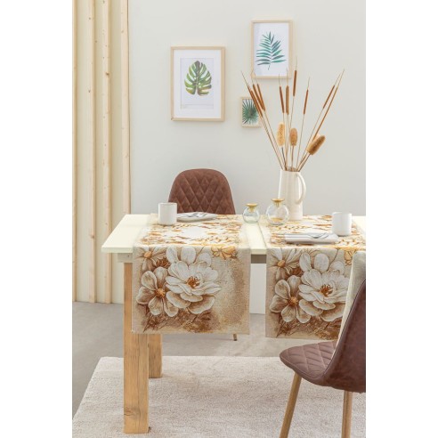 Jacquard table runner with golden flower beige background. 40x135 NITRA