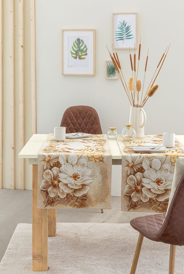 Jacquard table runner with golden flower beige background. 40x135 NITRA