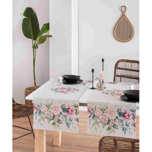 Jacquard table runner with pink flower beige background. 40x135 PADUA