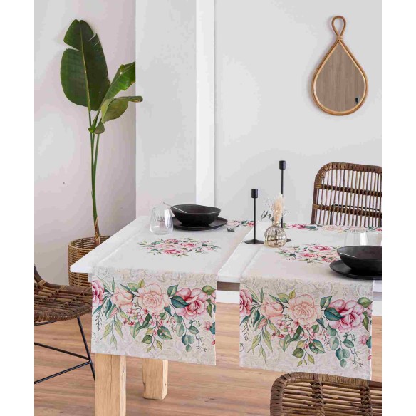 Camino de mesa de tejido Jacquard  con flor rosa fondo beig. 40X135 PADUA