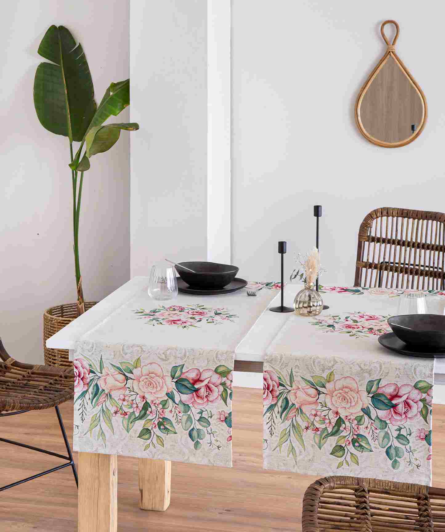 Jacquard table runner with pink flower beige background. 40x135 PADUA