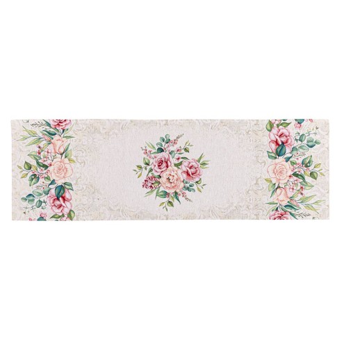 Jacquard table runner with pink flower beige background. 40x135 PADUA