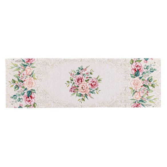 Jacquard table runner with pink flower beige background. 40x135 PADUA