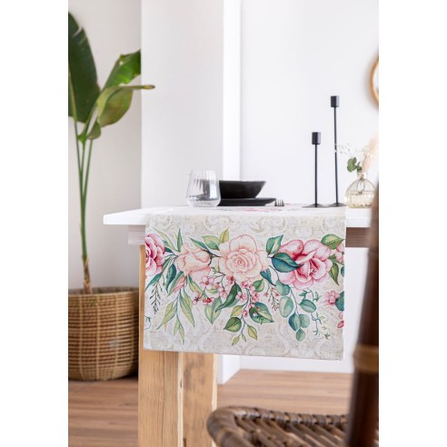 Camino de mesa de tejido Jacquard  con flor rosa fondo beig. 40X135 PADUA