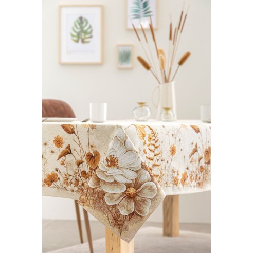 Jacquard tablecloth with white and golden flowers. NITRA