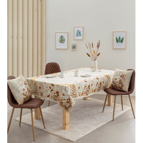 Mantel de mesa de tejido Jacquard con flores blancas y doradas. NITRA