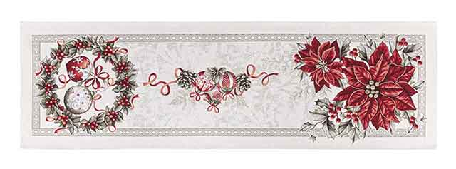 Jacquard table runner with poinsettia and Christmas wreath. 40x135 KRIS