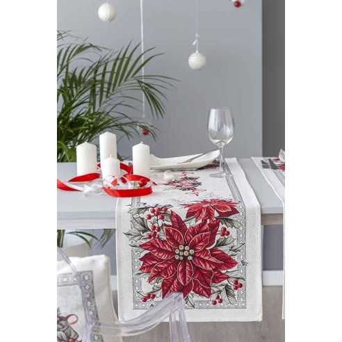 Camino de mesa de tejido jacquard  con ponsodia y corona de Navidad. 40x135 KRIS