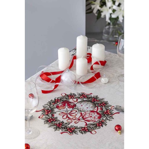 Jacquard tablecloth with poinsettia and Christmas wreath KRIS