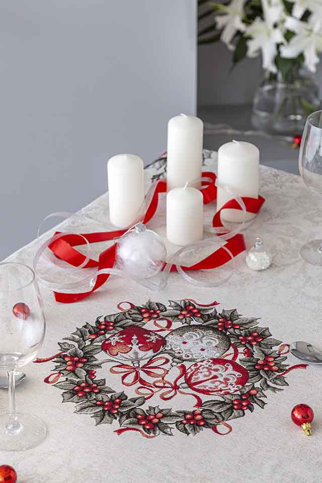 Jacquard tablecloth with poinsettia and Christmas wreath KRIS