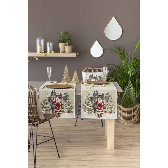 Camino de mesa de tejido jacquard  con Papa Noel y ciudad navideña 40x135. VILLAGE