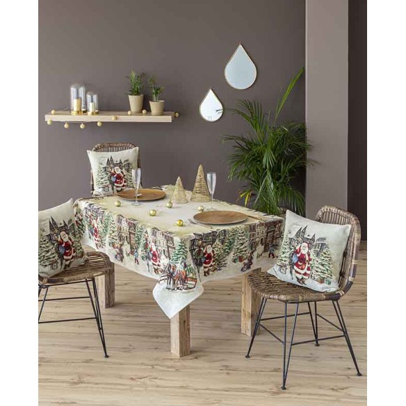 Jacquard tablecloth with Santa Claus and Christmas village. VILLAGE