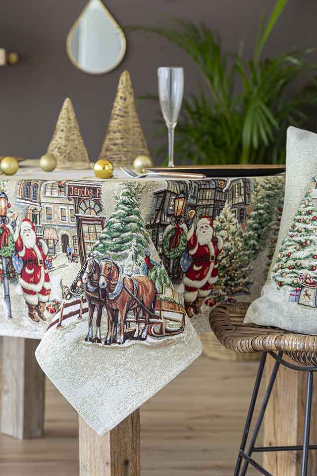 Jacquard tablecloth with Santa Claus and Christmas village. VILLAGE