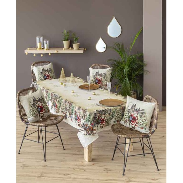 Jacquard tablecloth with Santa Claus and Christmas village. VILLAGE
