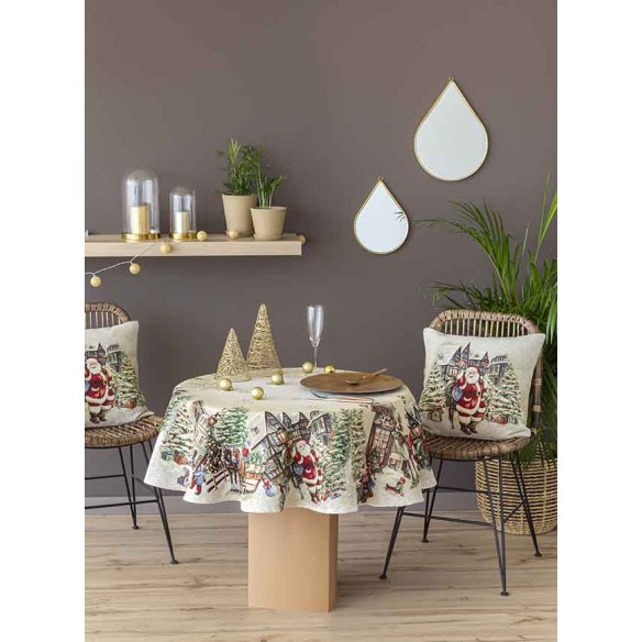 Mantel de mesa de tejido Jacquard con Papa Noel y ciudad navideña. VILLAGE