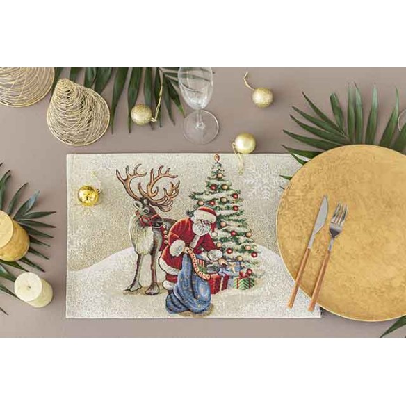 Set individual de mesa de tejido jacquard con Papa Noel y reno. 30X45 VILLAGE