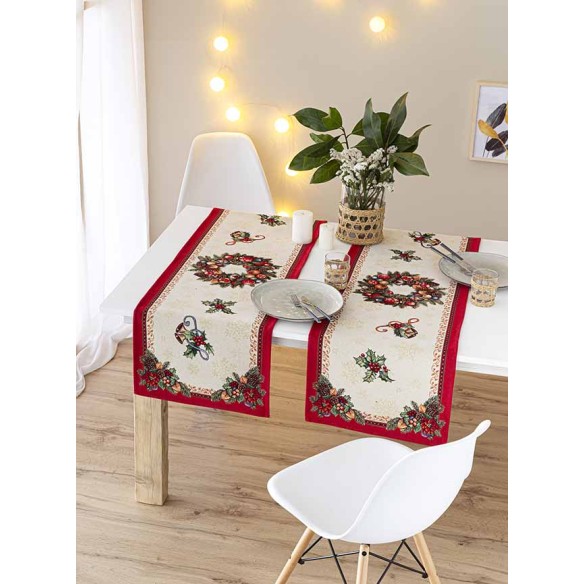 Camino de mesa de tejido jacquard con corona y motivos navideños. 40x135 FIDELITY
