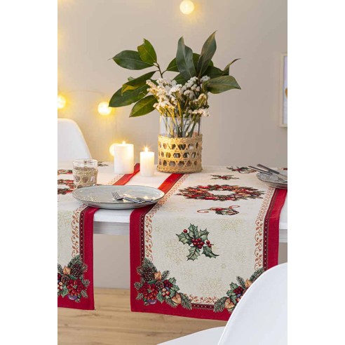 Jacquard table runner with wreath and Christmas motifs. 40x135 FIDELITY