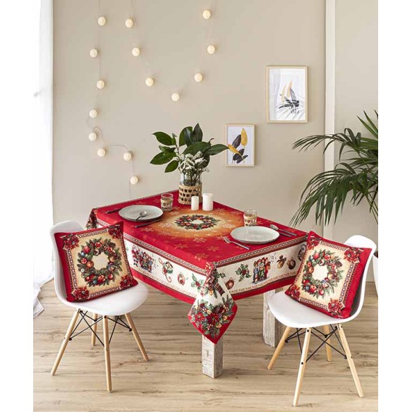Jacquard tablecloth with wreath and Christmas motifs FIDELITY