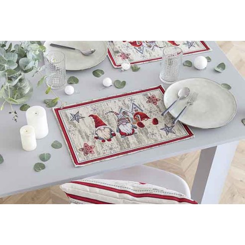Set individual de mesa de tejido jacquard con Gnomos Navideños. 30x45 GNOMOS