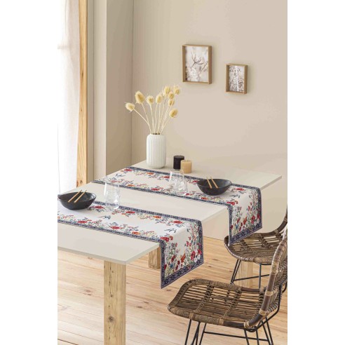 Jacquard table runner with flowers and swallows. 40x135 CHAMOMILLE