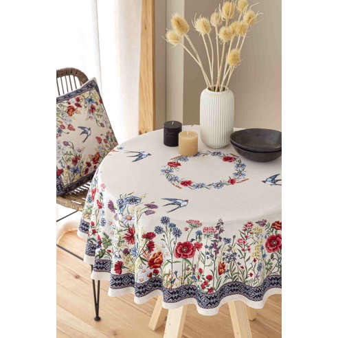 Mantel de mesa de tejido Jacquard con flores y golondrinas CHAMOMILLE
