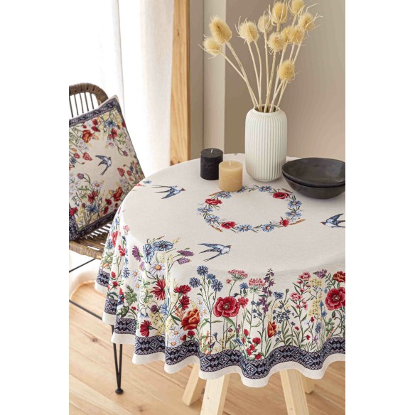 Mantel de mesa de tejido Jacquard con flores y golondrinas CHAMOMILLE