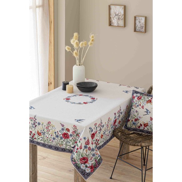 Mantel de mesa de tejido Jacquard con flores y golondrinas CHAMOMILLE