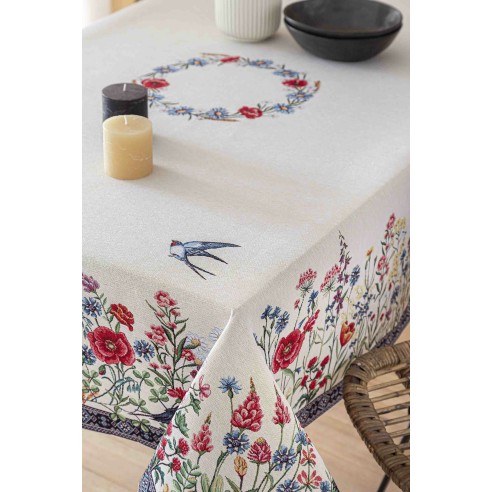Jacquard tablecloth with flowers and swallows CHAMOMILLE