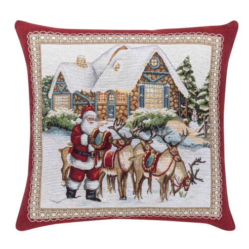 Cojin Jacquard rojo con Papa Noel y Renos. 45x45 FROSTY