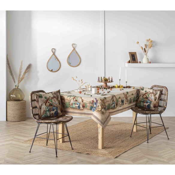 Mantel de mesa de tejido Jacquard con la Adoracion. SAGRADA FAMILIA