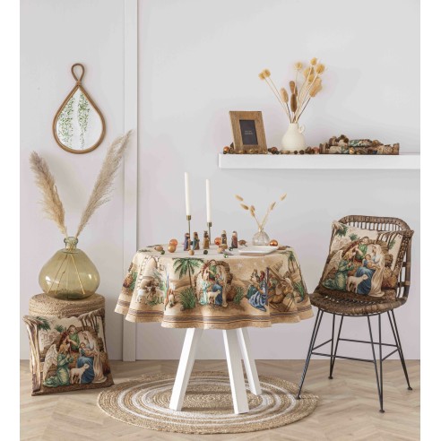 Mantel de mesa de tejido Jacquard con la Adoracion. SAGRADA FAMILIA