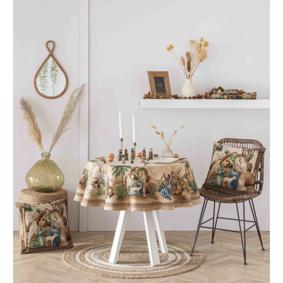 Mantel de mesa de tejido Jacquard con la Adoracion. SAGRADA FAMILIA