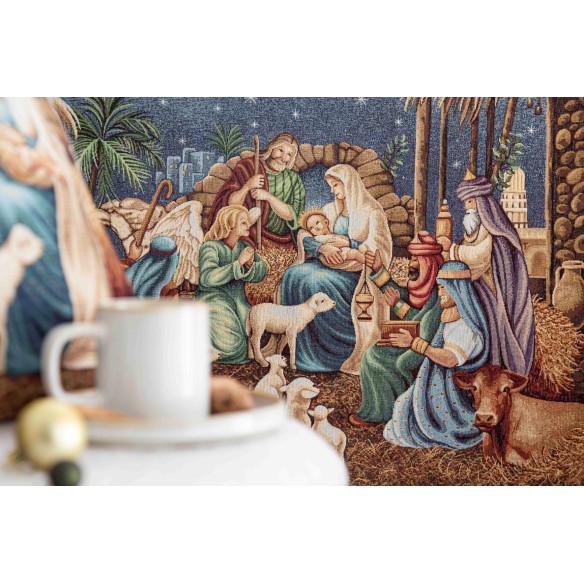 Jacquard balcony hanging with the Adoration of the Magi to Baby Jesus with blue background and golden details. HOLY FAMILY