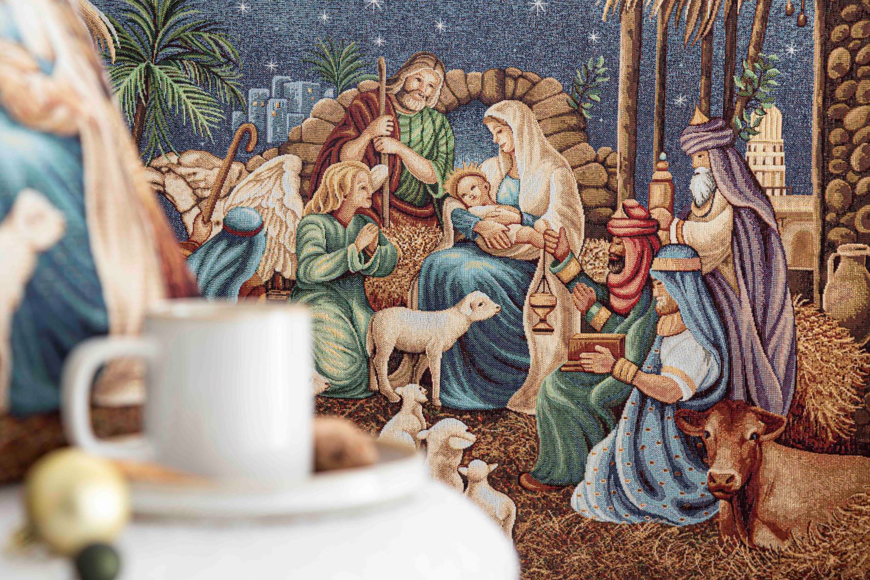 Jacquard balcony hanging with the Adoration of the Magi to Baby Jesus with blue background and golden details. HOLY FAMILY