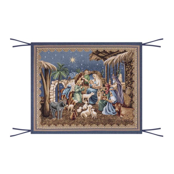 Balconera Tejido Jacquard con la adoracion de los Reyes Magos al niño Jesus con fondo azul y detalles dorados. SAGRADA FAMILIA