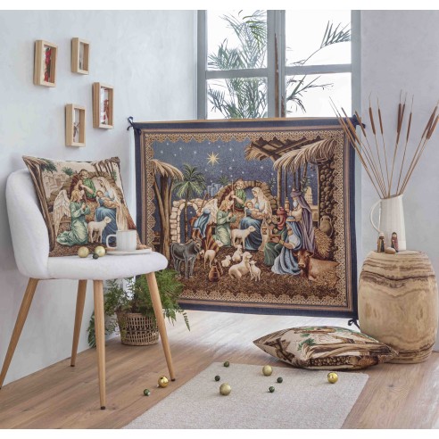 Balconera Tejido Jacquard con la adoracion de los Reyes Magos al niño Jesus con fondo azul y detalles dorados. SAGRADA FAMILIA