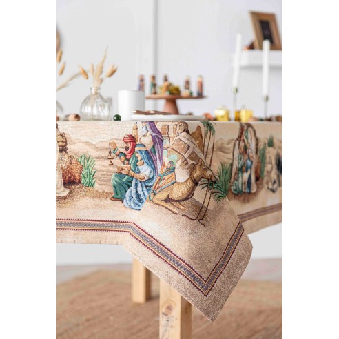 Jacquard tablecloth with Adoration. HOLY FAMILY