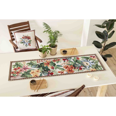 Jacquard table runner with flower beige background. 40x135 LOTUS