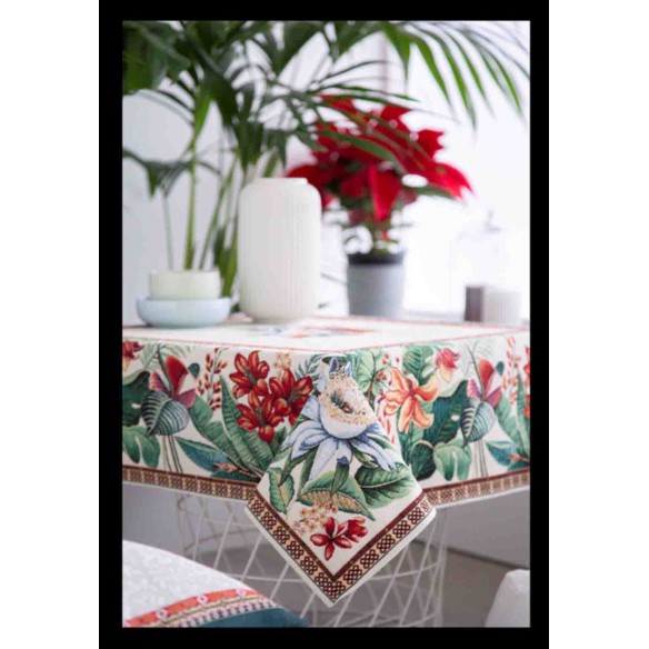 Mantel de mesa de tejido Jacquard con flor fondo beig LOTUS.