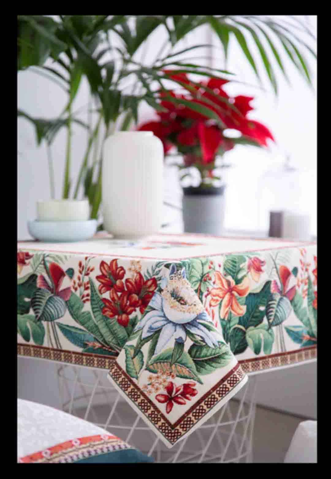 Jacquard tablecloth with flower beige background LOTUS