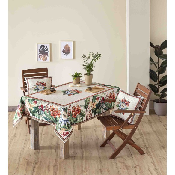 Jacquard tablecloth with flower beige background LOTUS