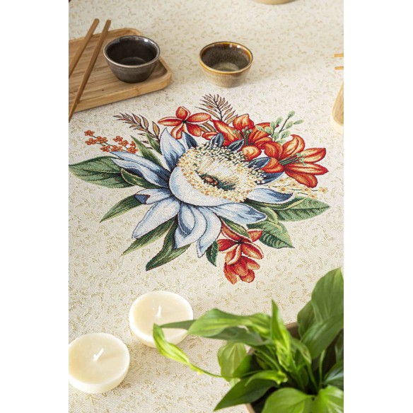 Jacquard tablecloth with flower beige background LOTUS