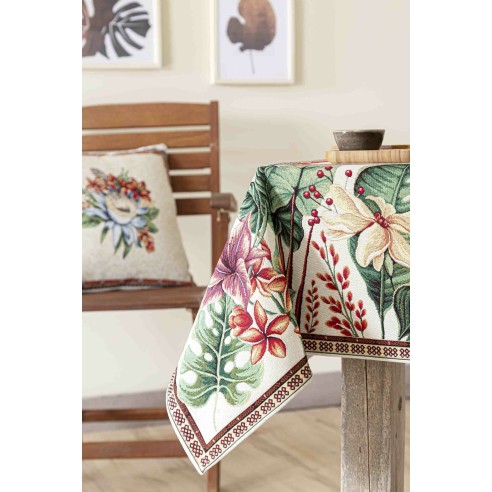 Jacquard tablecloth with flower beige background LOTUS