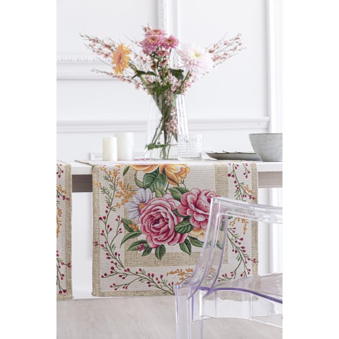Jacquard table runner with flowers and beige background. 40x135 XANA