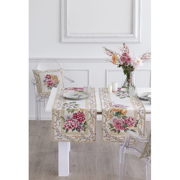Jacquard table runner with flowers and beige background. 40x135 XANA